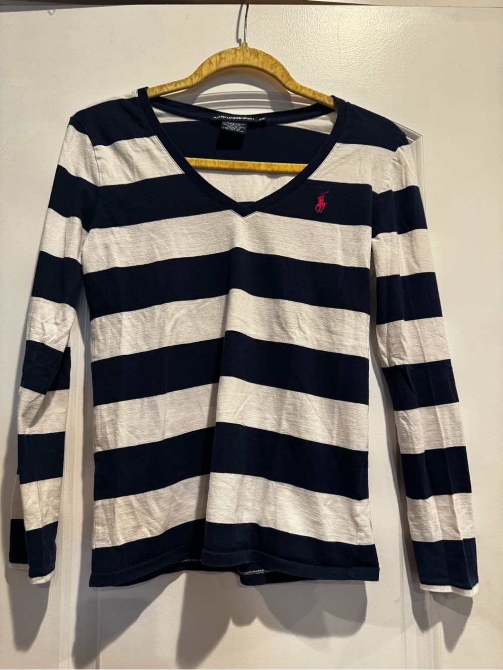Ralph Lauren Navy & White Striped V-Neck Long-Sleeve Tee with Pink Pony